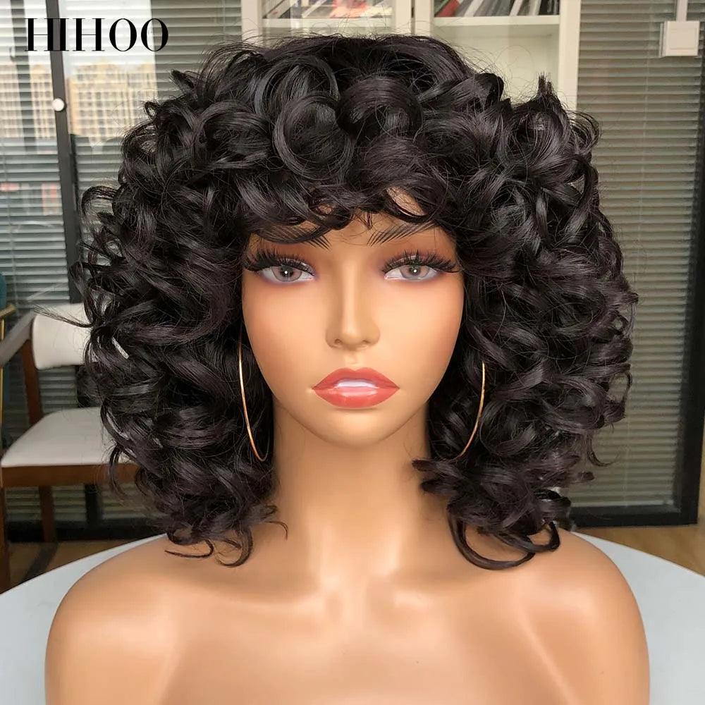 Short Afro Curly Wig With Bangs For Black Women Synthetic Fluffy Mixed Brown Blonde Wig Natural High Temperat Red