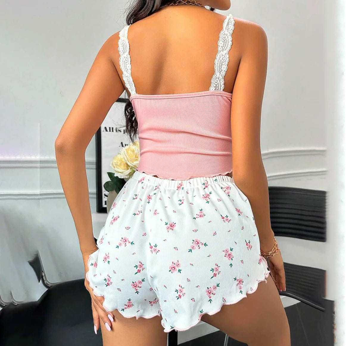 Women Pajama Set Lace Patchwork V-Neck Sleepwear Sexy Female Nighties Suit Cami Top Printed Shorts Soft Pyjamas Loungewear 2psc