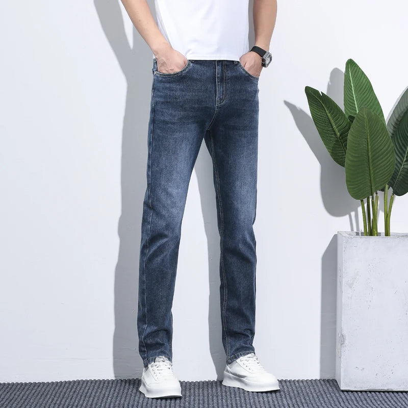 Business Men Straight Leg Classic Jeans Casual Denim Long Pants Slim Fit Simple Man Trousers Fashion Men's Stretch Jeans