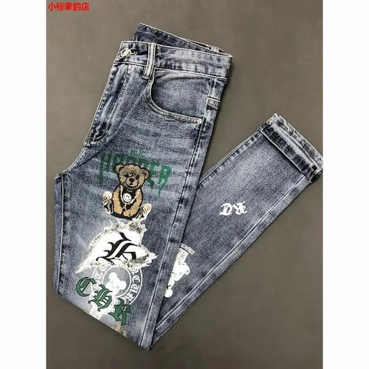 jeans pantalones New Arrival Slim Fit Denim Jeans Cute Cartoon Bear Print for Men's Casual Spring Autumn Stretch Slim Jeans Hombre Graphic Jeans