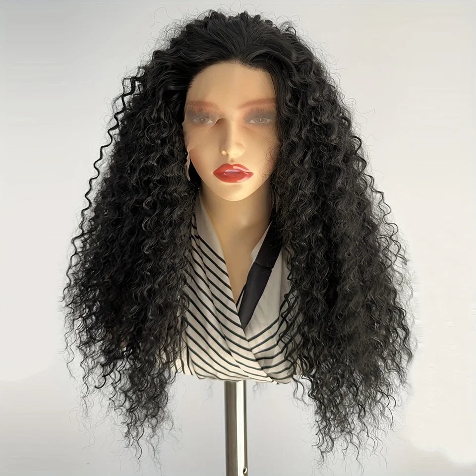 Kinky Curly Synthetic Lace Front Wig For Women 13X1 Black Color T Part Lace Wig Synthetic Wigs Daily Wear Peluca