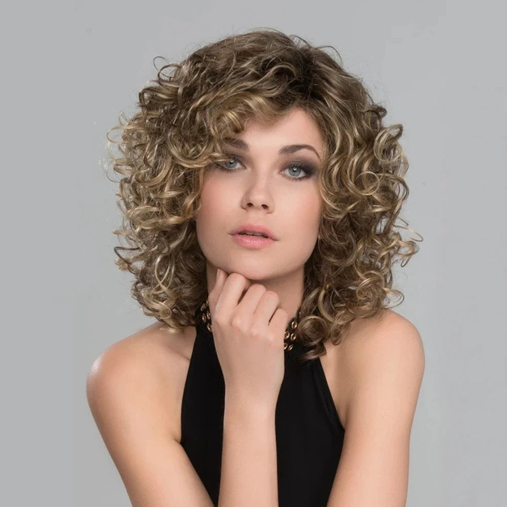 Brown Short Curly Synthetic Bob Wigs for Women Afro Kinky Curly Hair Fancy Dress Party Wig Pelucas