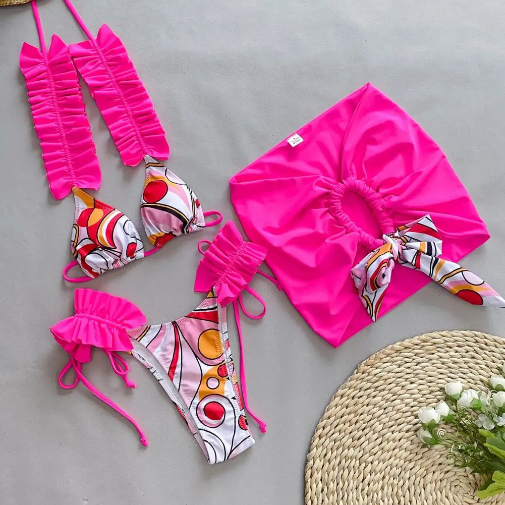 traje de baño 3Pcs Women Bikini Women Swimsuit 2024 Halter Bra Lace-up Briefs Skirt Set Swimming Suit Bathing Suit trajes de baño mujer