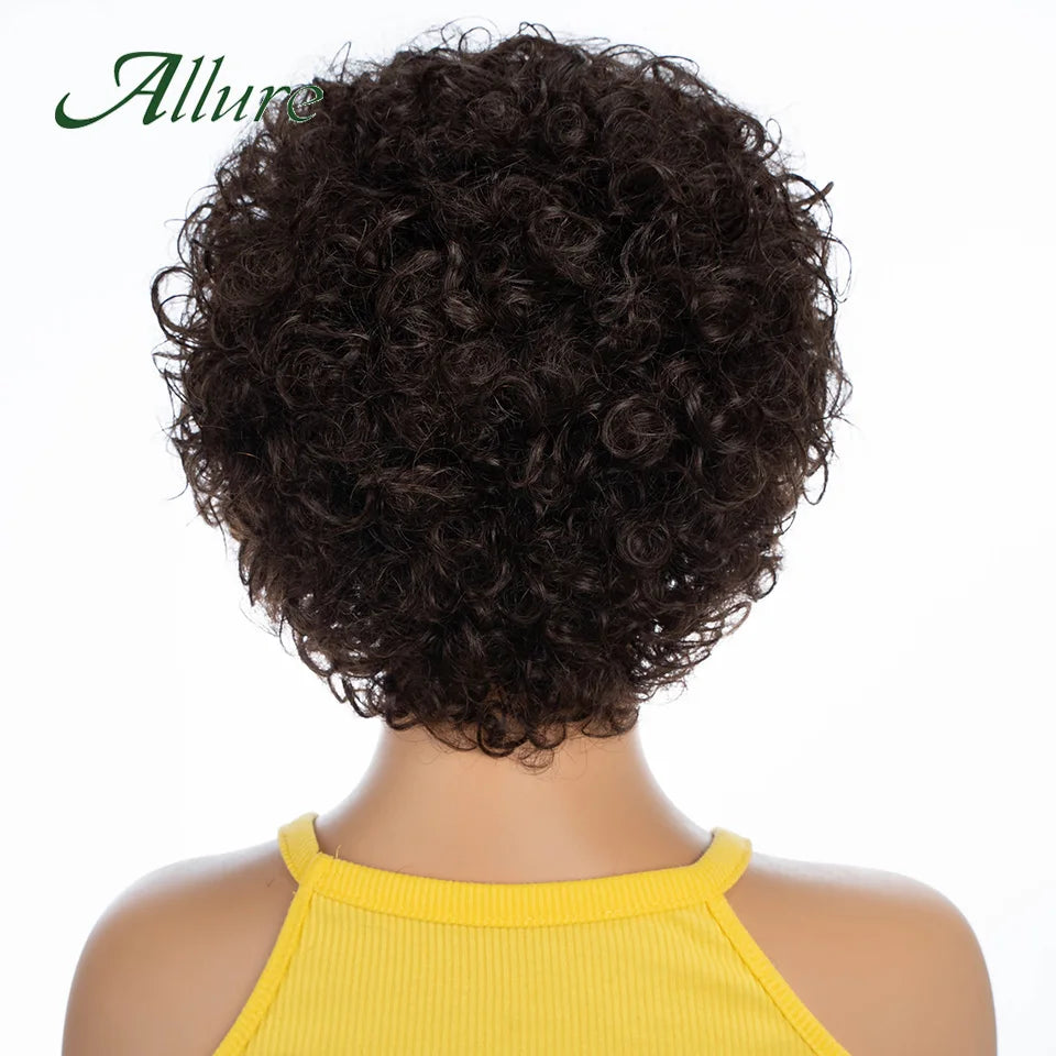 Short Pixie Afro Kinky Curly Wigs for Black Women Glueless Natural Brown Bob Wig With Bangs Brazilian Human Hair Wigs Allure