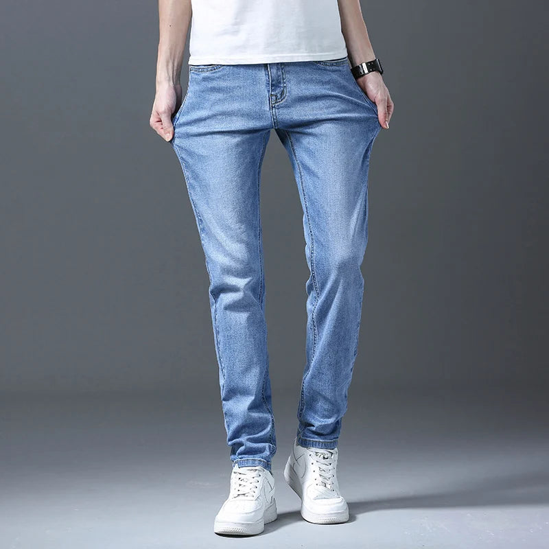 Business Men Straight Leg Classic Jeans Casual Denim Long Pants Slim Fit Simple Man Trousers Fashion Men's Stretch Jeans