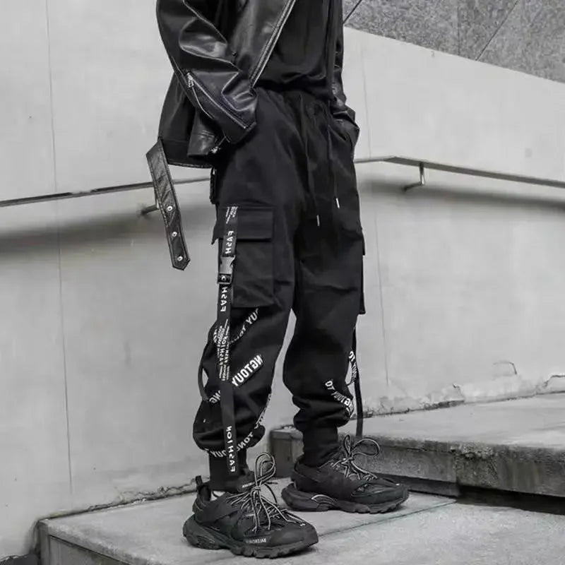 Classic Streetwear Hip Hop Joggers Men Letter Ribbons Cargo Pants Pockets Track Tactical Casual Male Trousers Sweatpant KZ99