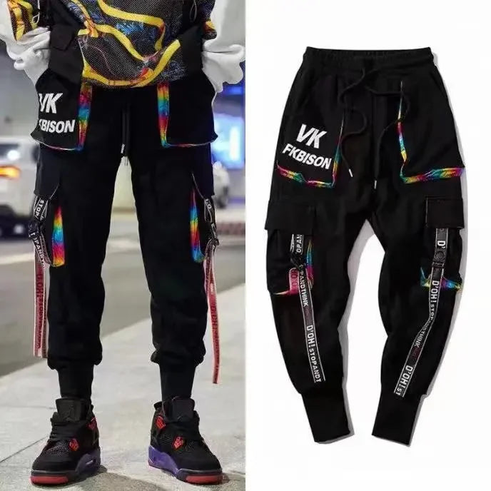 Classic Streetwear Hip Hop Joggers Men Letter Ribbons Cargo Pants Pockets Track Tactical Casual Male Trousers Sweatpant KZ99