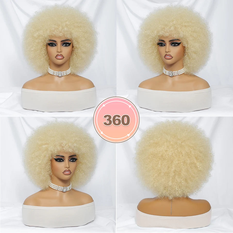 Short Afro Wigs for Black Women Blonde 10" Afro Curly Wig With Bangs 70s Bouncy Natural Synthetic Female Wigs for Party Cosplay