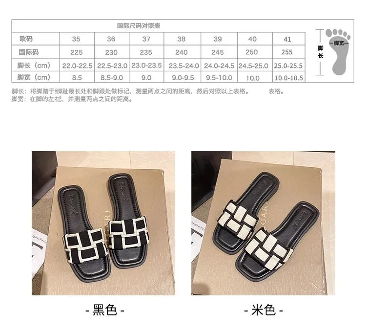 Black and White Plaid Slippers, Ladies Wear 2024 Summer New Flip-flops, Flat Beach Slippers, Women's Shoes