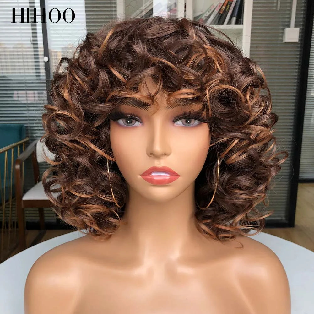 Short Afro Curly Wig With Bangs For Black Women Synthetic Fluffy Mixed Brown Blonde Wig Natural High Temperat Red