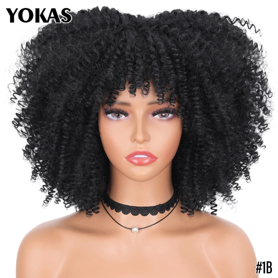 Short Afro Kinky Curly Wig With Bangs Synthetic Hair Female Blonde Pink White Blue Brown Purple Pelucas For Black Women YOKAS