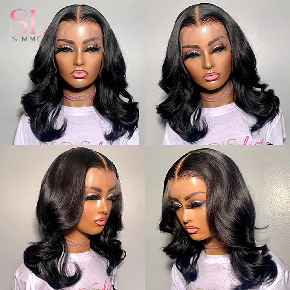 Body Wave Natural Black Bob Peruvian Human Hair Side Part Lace Front Middle Part Wig Pre Plucked Wig For Black Women 180 Density