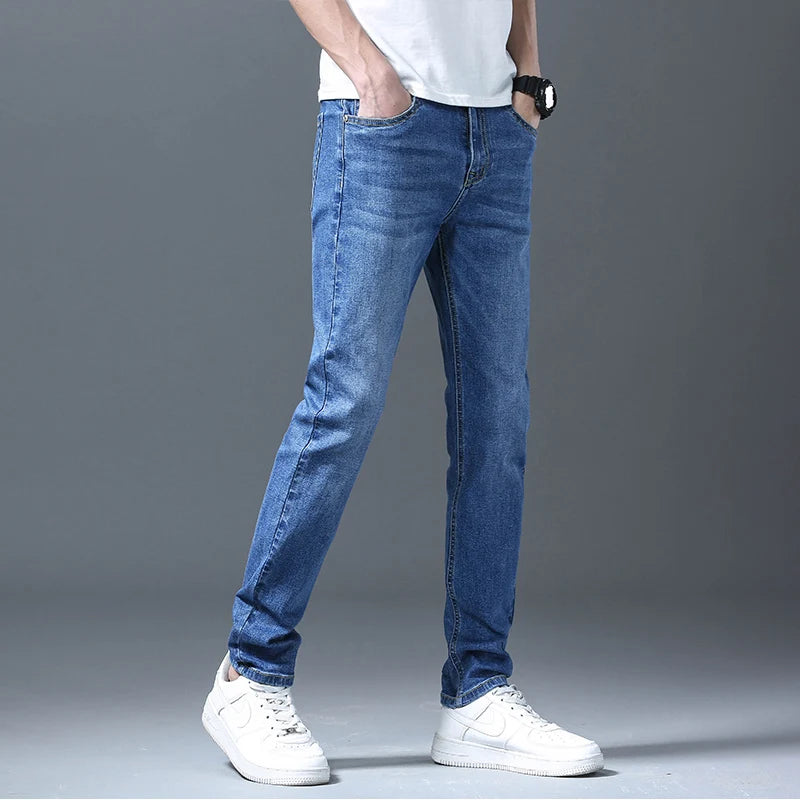 Business Men Straight Leg Classic Jeans Casual Denim Long Pants Slim Fit Simple Man Trousers Fashion Men's Stretch Jeans