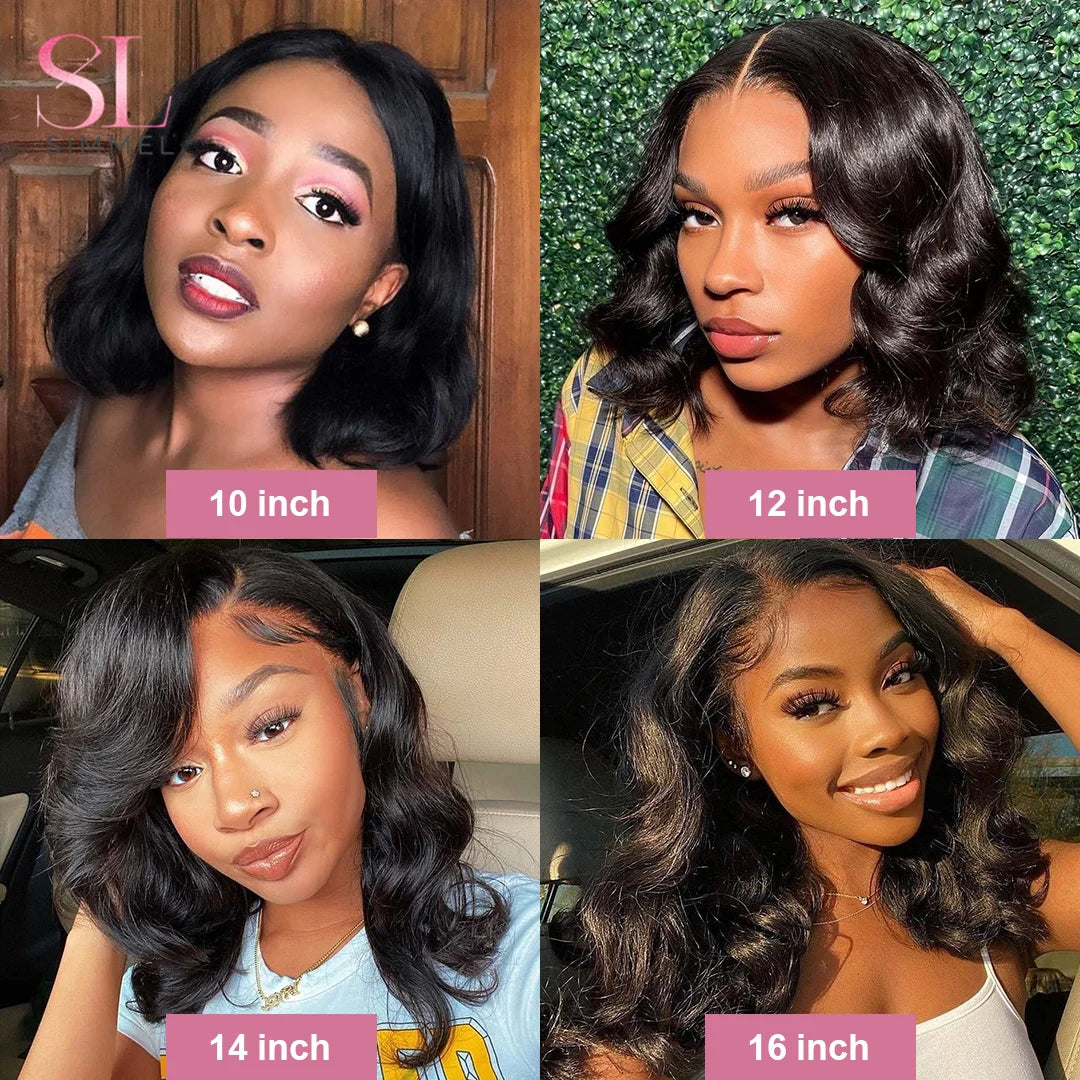 Body Wave Natural Black Bob Peruvian Human Hair Side Part Lace Front Middle Part Wig Pre Plucked Wig For Black Women 180 Density