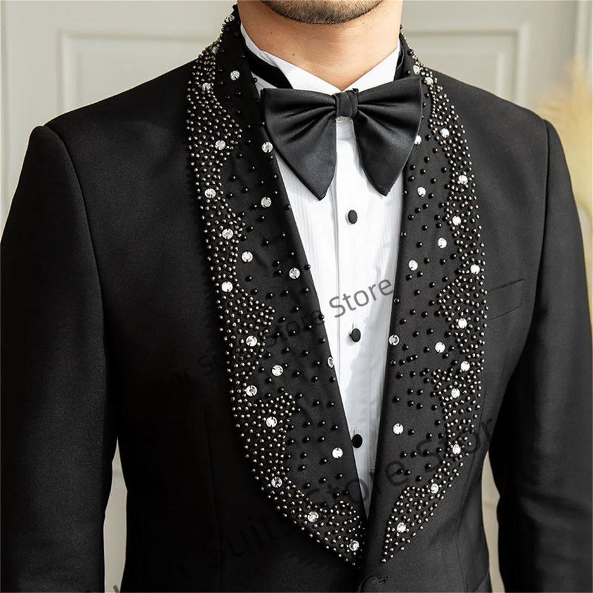 Light Luxury Wedding Diamond Setting Men Suits Slim Fit Shawl Lapel Groom Tuxedos Prom 2Pieces Sets Trajes Elegante Para Hombres