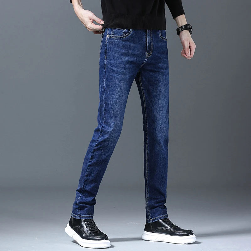 Business Men Straight Leg Classic Jeans Casual Denim Long Pants Slim Fit Simple Man Trousers Fashion Men's Stretch Jeans