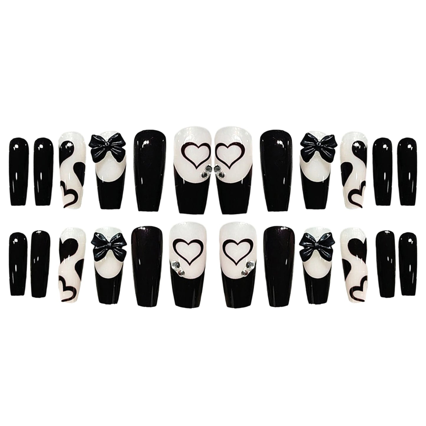 24pcs Long Press On Nails Cute Black Bow Design Fake Nails Full Coverage Nail Manicure Salon DIY Art Dark Style Nails Tips Uñas