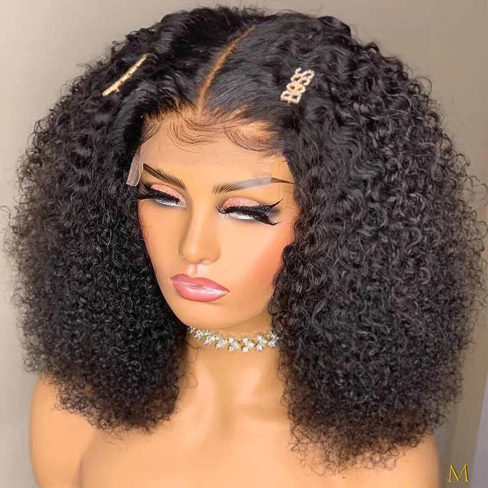 Soft Bob Glueless Natural Black 180Density 16“ Kinky curly Lace Front Wig For Women BabyHair  Preplucked Heat Resistant Daily