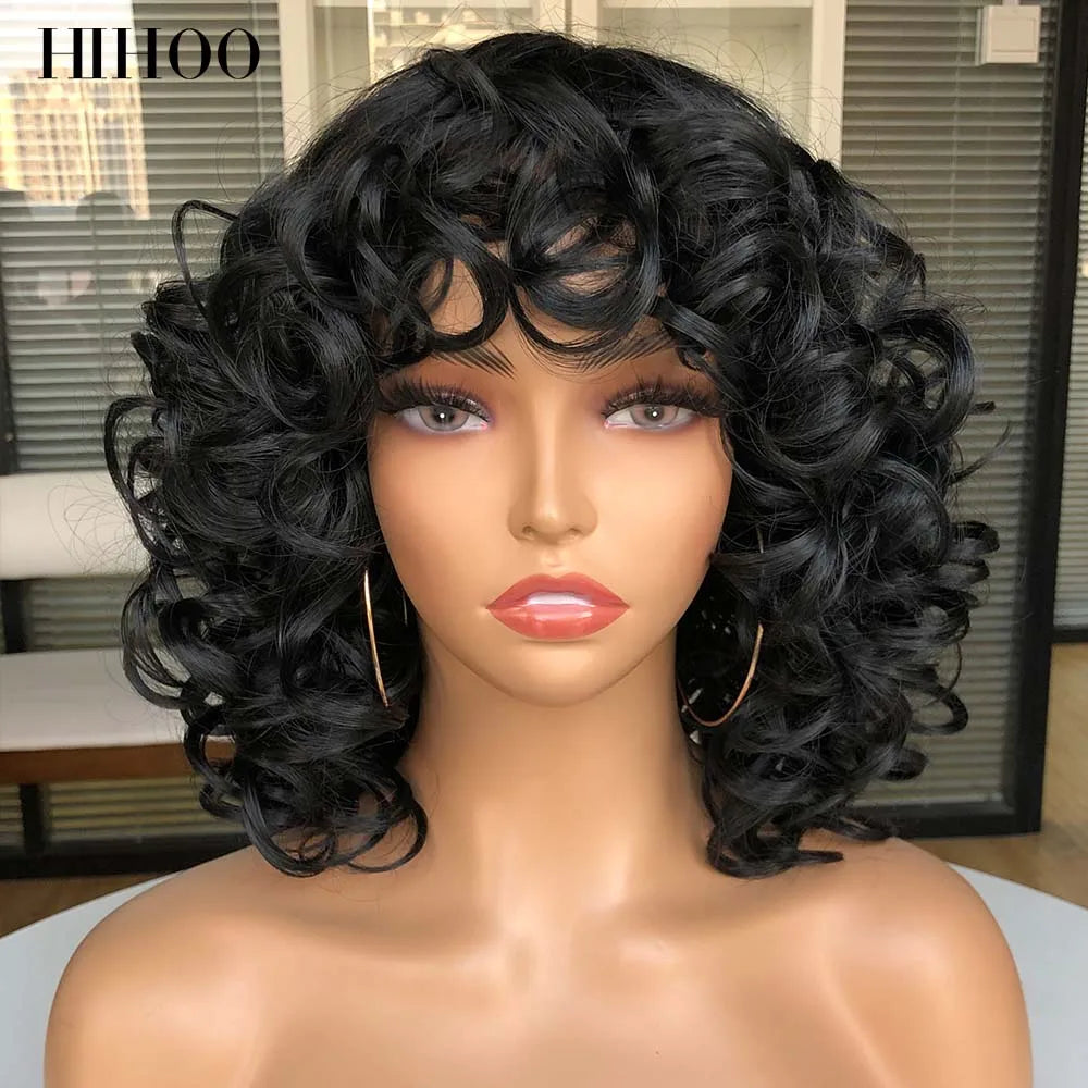 Short Afro Curly Wig With Bangs For Black Women Synthetic Fluffy Mixed Brown Blonde Wig Natural High Temperat Red