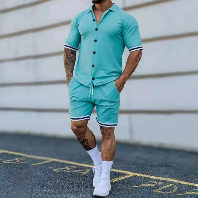 chemise d´ete Popular Men's Summer Polo Cardigan Solid Short Sleeve Shorts Two Piece Casual Set