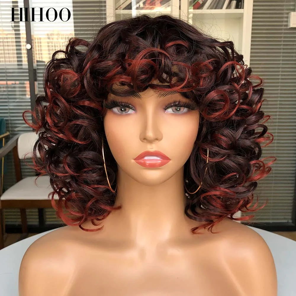 Short Afro Curly Wig With Bangs For Black Women Synthetic Fluffy Mixed Brown Blonde Wig Natural High Temperat Red