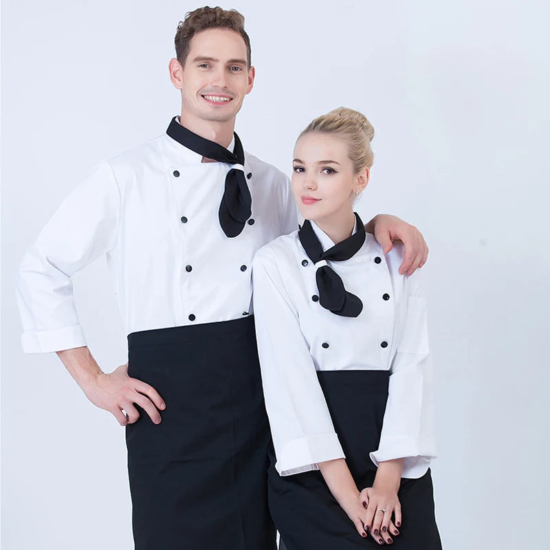 ropas de cocina ,chef Unisex Kitchen Chef Jackets Restaurant Waiter Uniform Shirt Bakery Double Breasted Work Clothes Long Sleeves Send Bow Tie