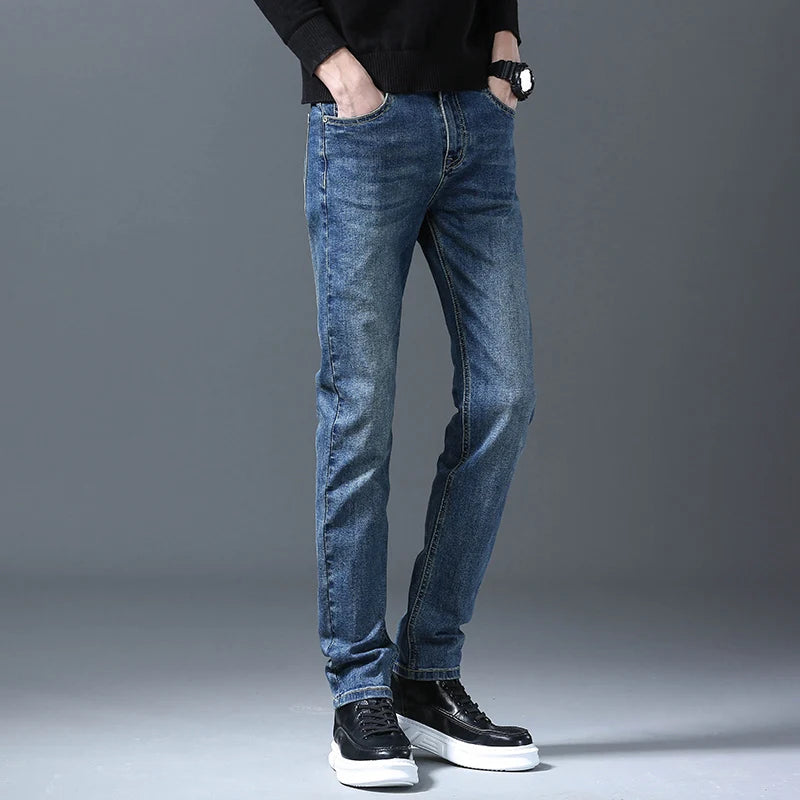 Business Men Straight Leg Classic Jeans Casual Denim Long Pants Slim Fit Simple Man Trousers Fashion Men's Stretch Jeans