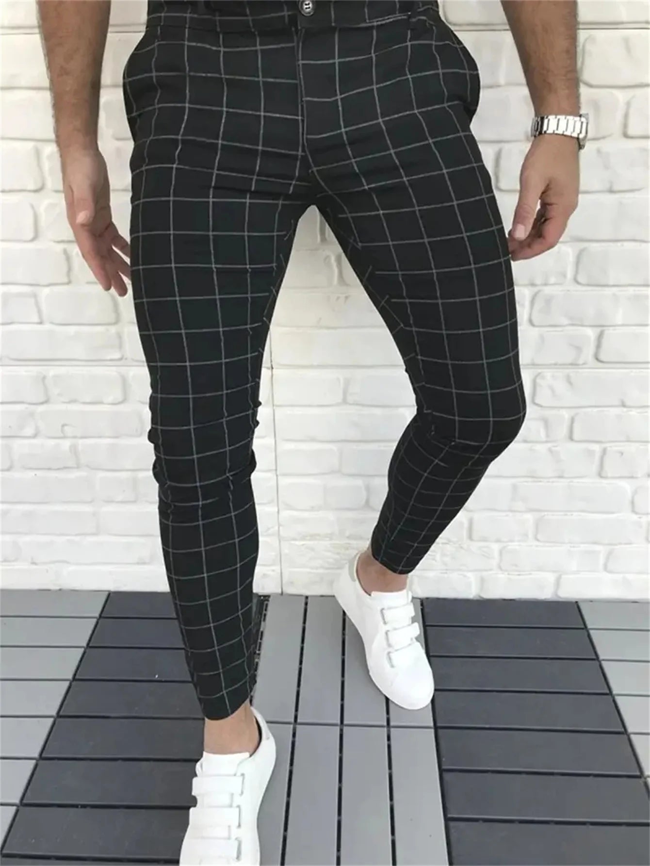 mens fashion plaid pants casual vintage style slightly stretch dress pants