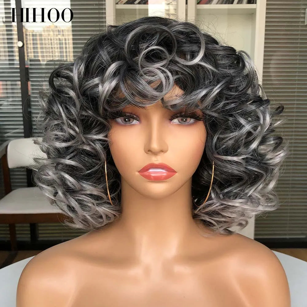 Short Afro Curly Wig With Bangs For Black Women Synthetic Fluffy Mixed Brown Blonde Wig Natural High Temperat Red