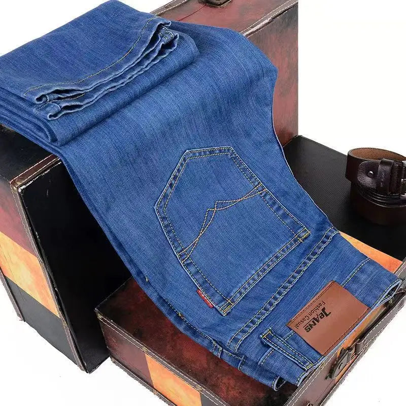 Pantalones vaqueros elásticos finos para hombre, Pantalones rectos sueltos informales, talla grande, Verano