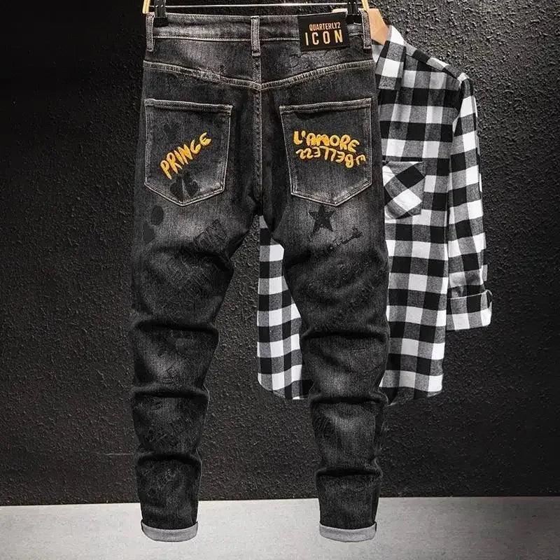 jeans pantalones Man Cowboy Pants Graphic Men's Jeans Embroidery Trousers Star Tight Pipe Skinny Slim Fit Aesthetic 90s Streetwear Winter Kpop Xs