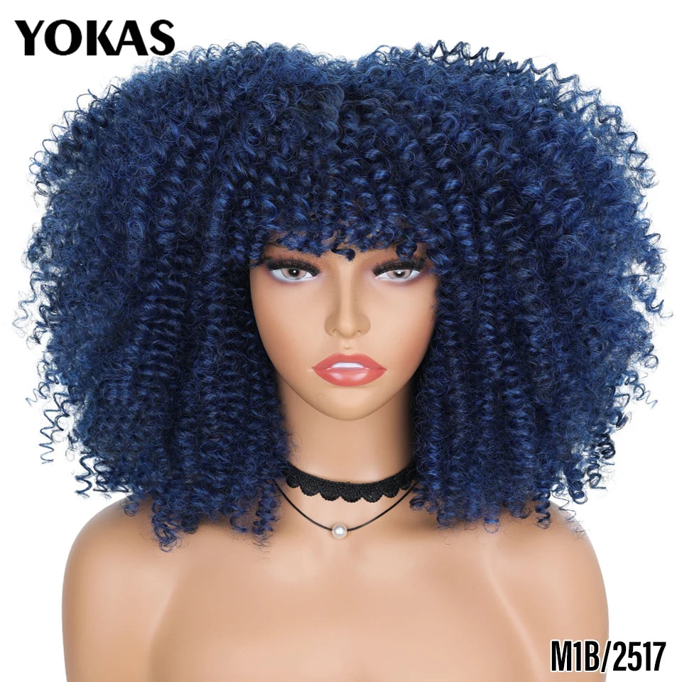 Short Afro Kinky Curly Wig With Bangs Synthetic Hair Female Blonde Pink White Blue Brown Purple Pelucas For Black Women YOKAS