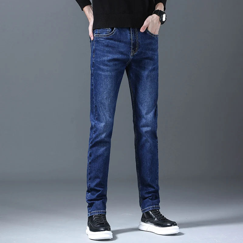 Business Men Straight Leg Classic Jeans Casual Denim Long Pants Slim Fit Simple Man Trousers Fashion Men's Stretch Jeans