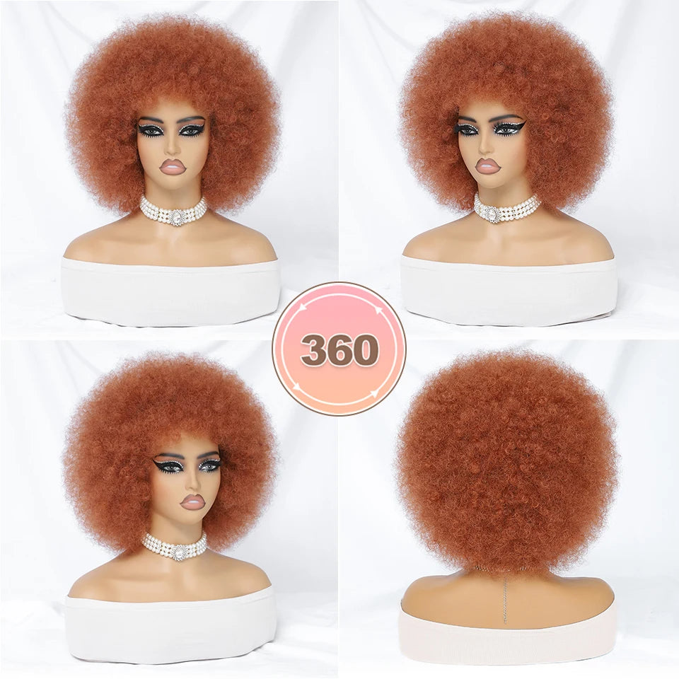 Short Afro Wigs for Black Women Blonde 10" Afro Curly Wig With Bangs 70s Bouncy Natural Synthetic Female Wigs for Party Cosplay