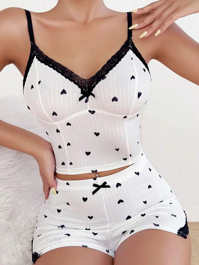 Lace Patchwork Women's Pajamas Sets Hollow Out Crop Top Sleepwear Sexy Spaghetti Strap Nightwear Shorts Nightie Suits Fashion