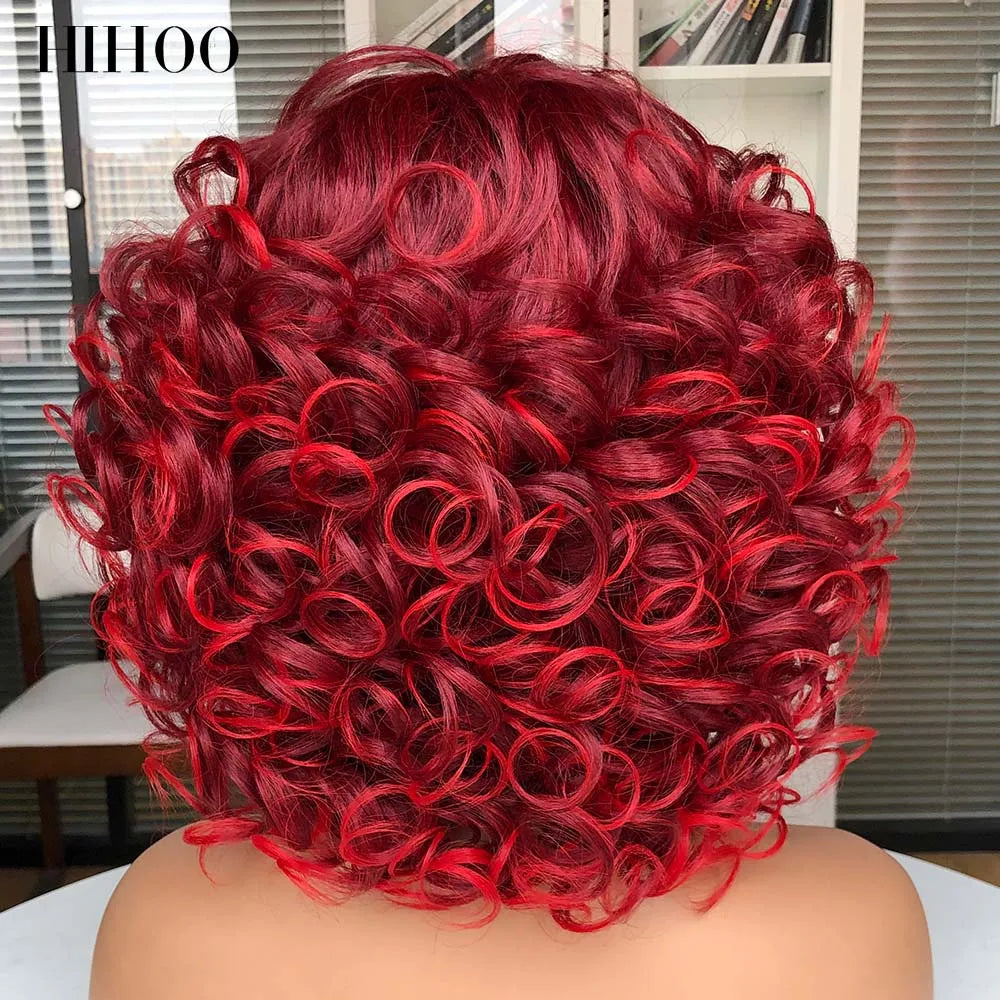 Short Afro Curly Wig With Bangs For Black Women Synthetic Fluffy Mixed Brown Blonde Wig Natural High Temperat Red