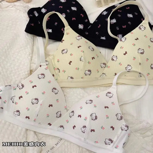 bragas Sexy  Hello Kitty Bra Kawaii Sanrio Underwear Set Anime Print Small Size Breathable Without Wires Cartoon Cute Girl Swimsuit Bra Set