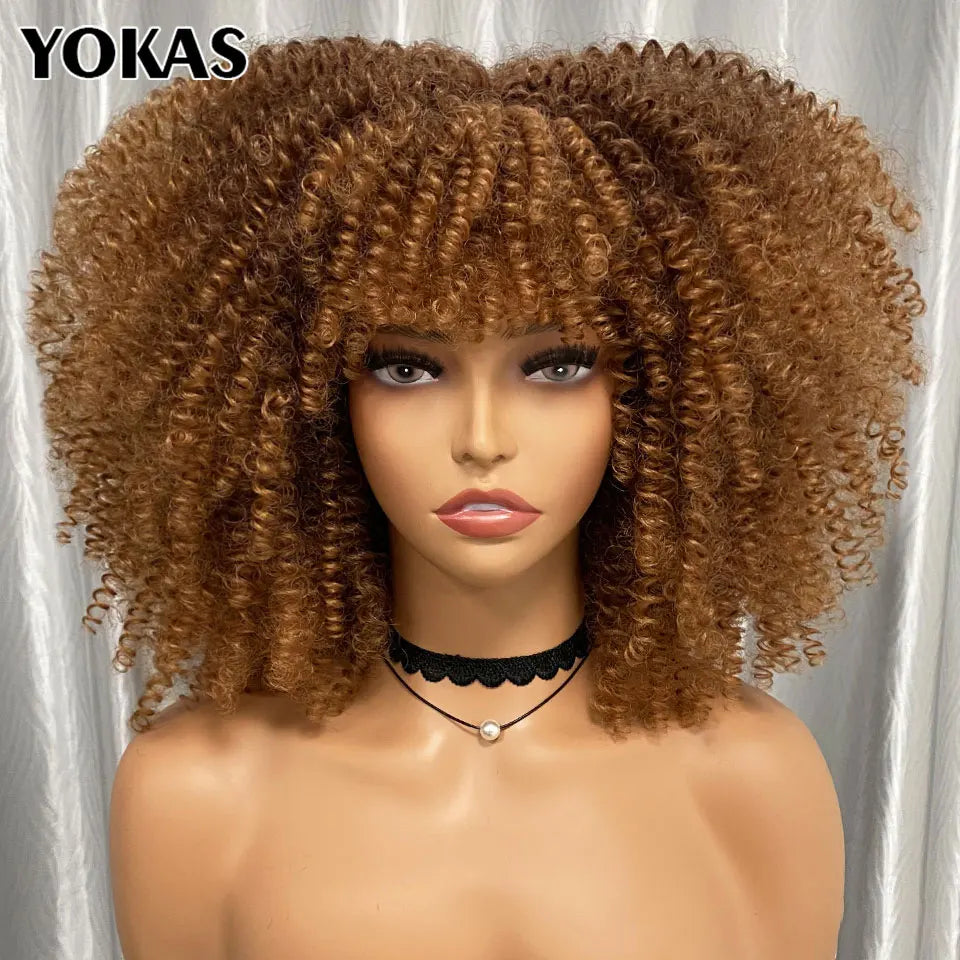 Short Afro Kinky Curly Wig With Bangs Synthetic Hair Female Blonde Pink White Blue Brown Purple Pelucas For Black Women YOKAS