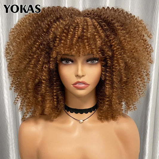 Short Afro Kinky Curly Wig With Bangs Synthetic Hair Female Blonde Pink White Blue Brown Purple Pelucas For Black Women YOKAS