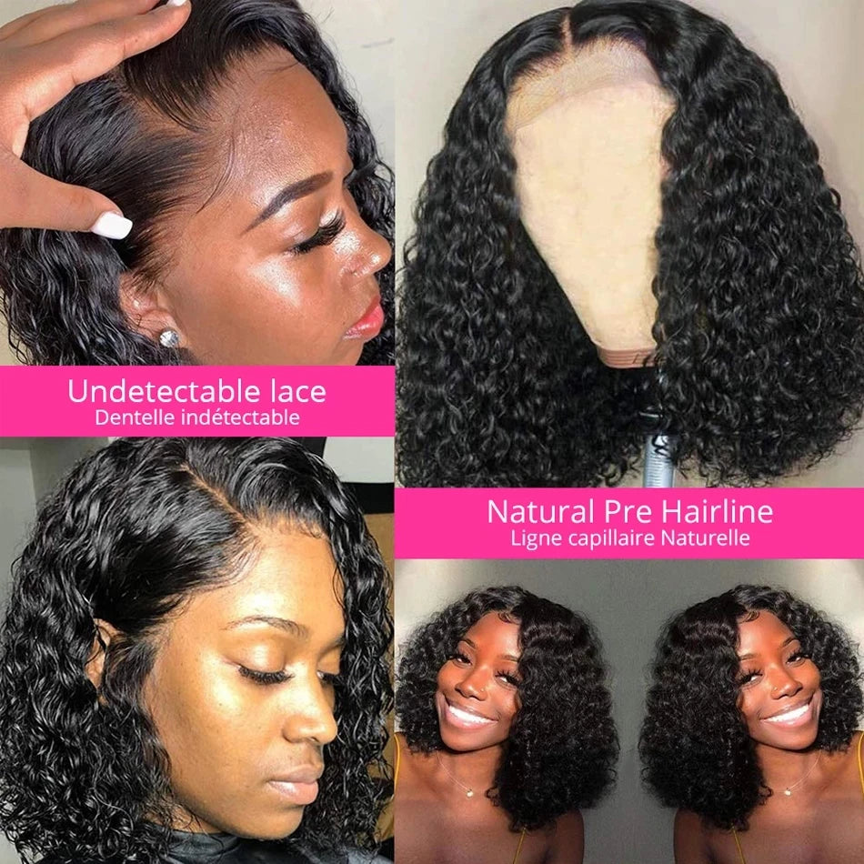 Brazilian Deep Curly Bob Hair Wigs Natural Black Color P4/27 HD Lace Front Part Transparent Highlight Brown Color Remy Hair