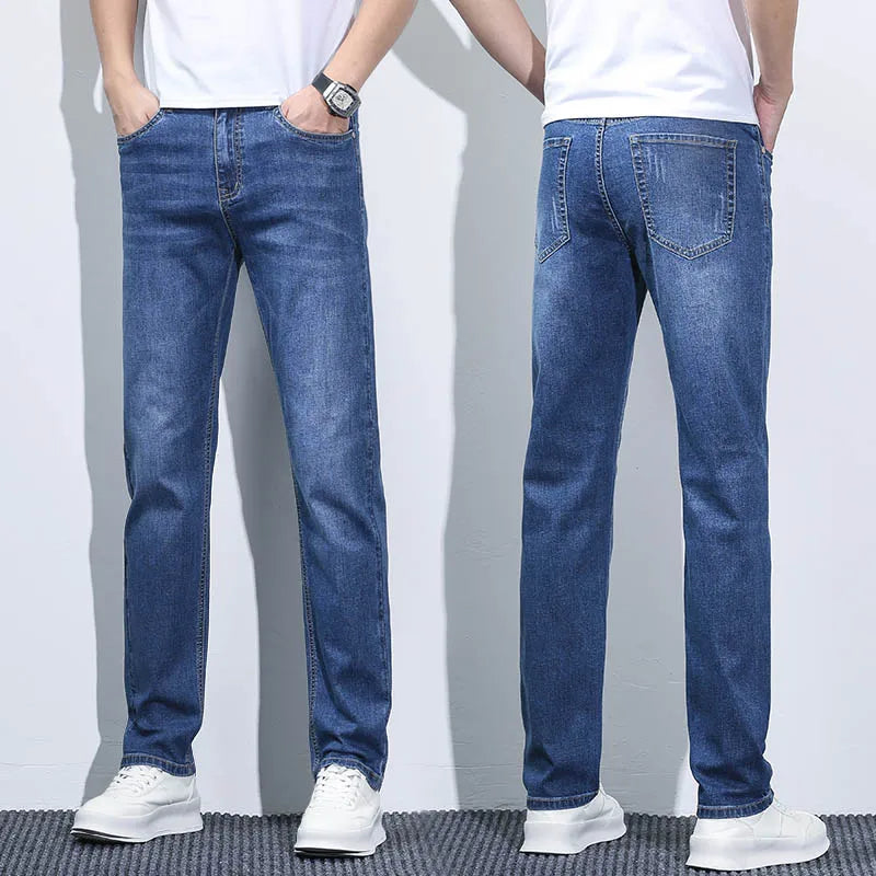 Business Men Straight Leg Classic Jeans Casual Denim Long Pants Slim Fit Simple Man Trousers Fashion Men's Stretch Jeans