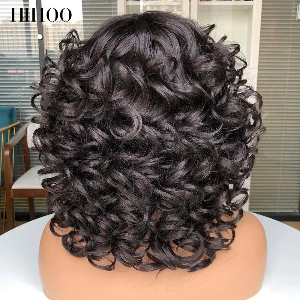 Short Afro Curly Wig With Bangs For Black Women Synthetic Fluffy Mixed Brown Blonde Wig Natural High Temperat Red