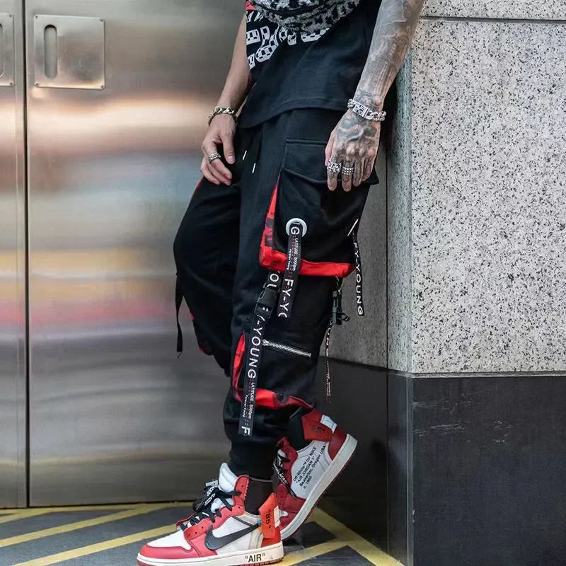 Classic Streetwear Hip Hop Joggers Men Letter Ribbons Cargo Pants Pockets Track Tactical Casual Male Trousers Sweatpant KZ99