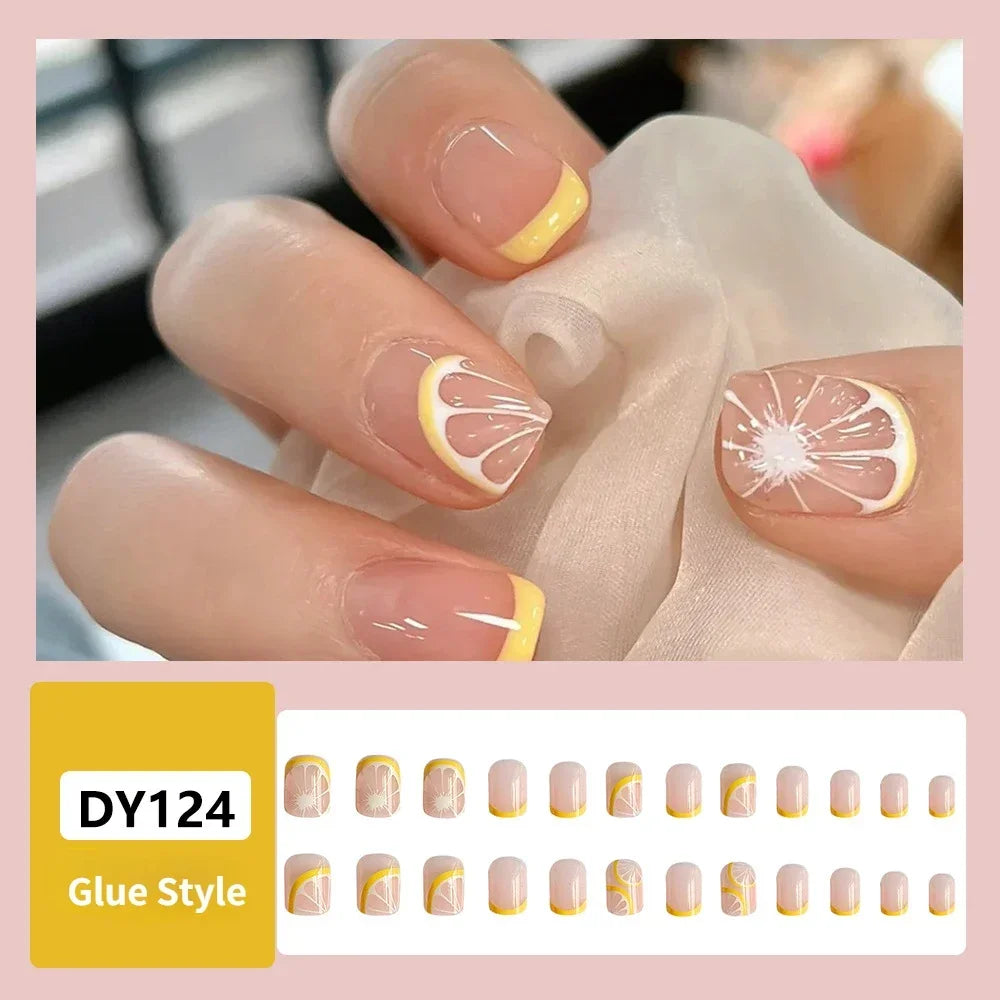 24pcs Lemon Short Wear Tips Nail False Patch Press on Nails Supplies for Professionals Artifical Fake Nails Faux Ongles Uñas