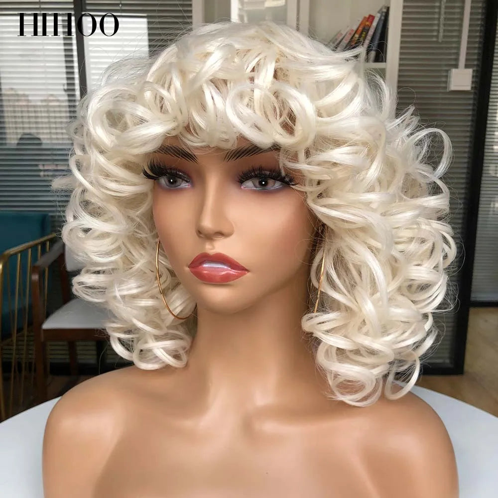 Short Afro Curly Wig With Bangs For Black Women Synthetic Fluffy Mixed Brown Blonde Wig Natural High Temperat Red