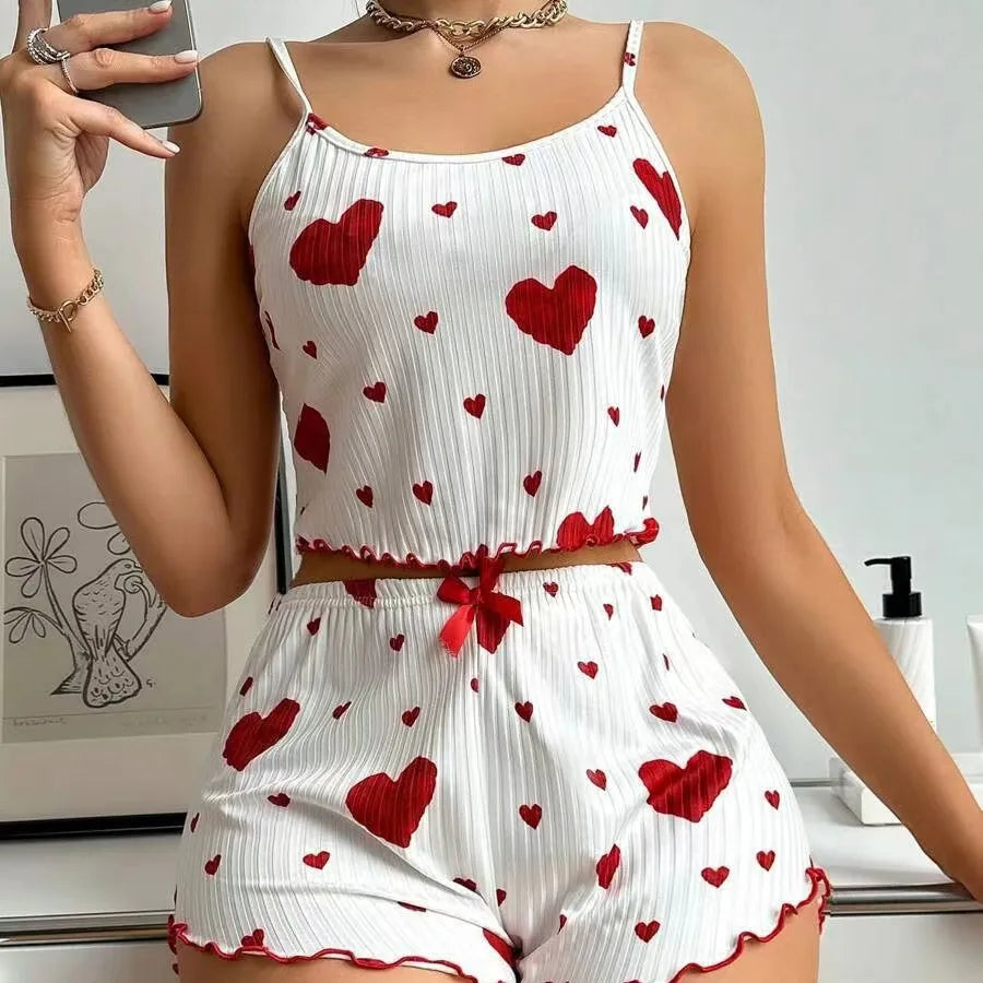 pijama mujeres Women's Pajamas Set Sleepwear 2 PCS Short Tank Tops And Shorts S M L White Ventilate Soft Casual Love Printing