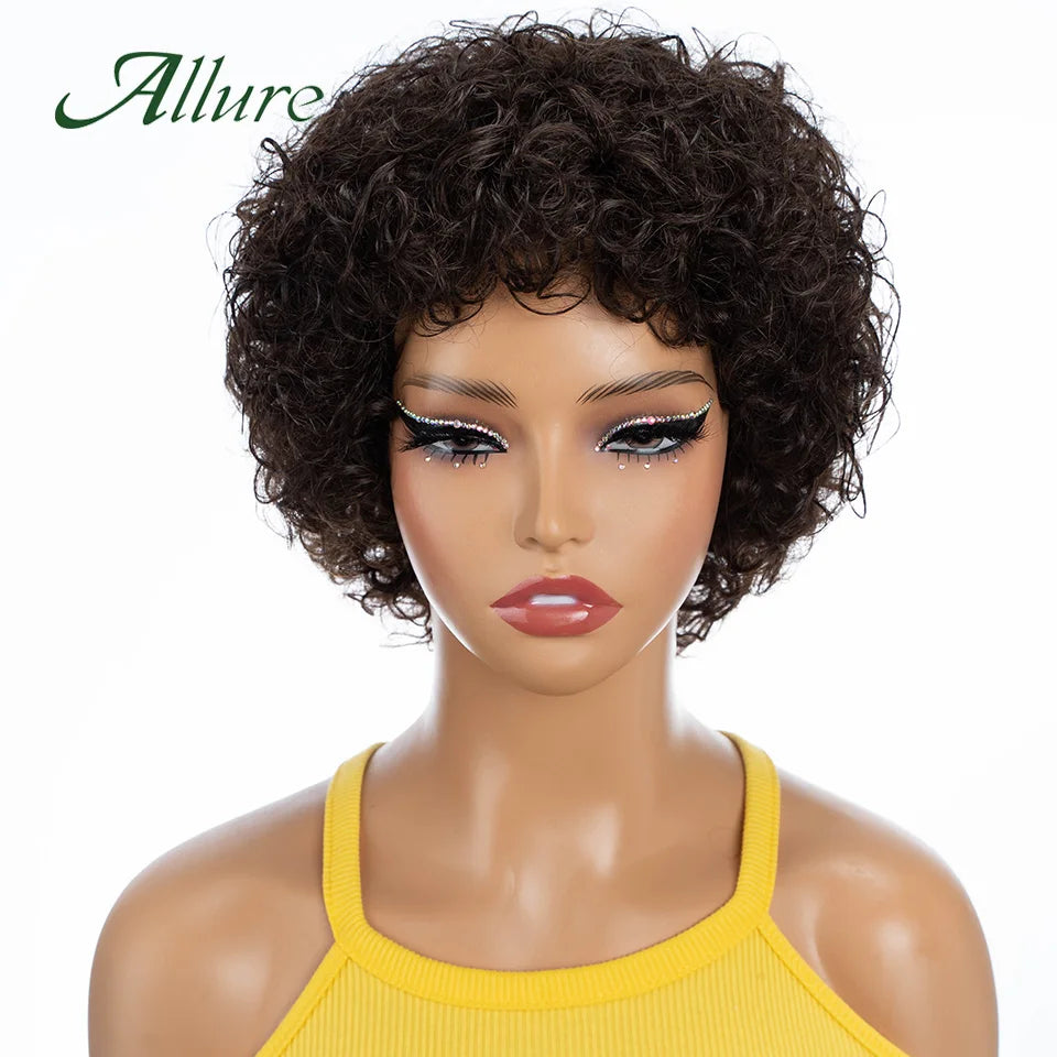 Short Pixie Afro Kinky Curly Wigs for Black Women Glueless Natural Brown Bob Wig With Bangs Brazilian Human Hair Wigs Allure