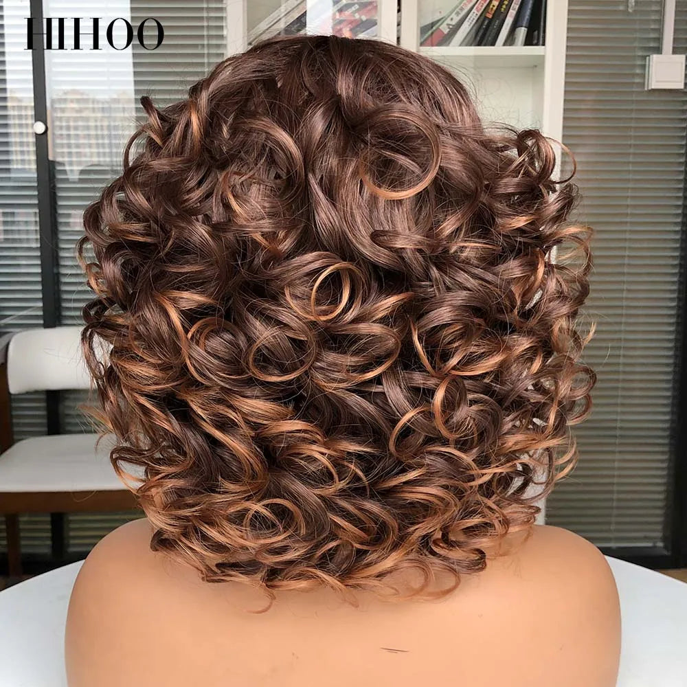 Short Afro Curly Wig With Bangs For Black Women Synthetic Fluffy Mixed Brown Blonde Wig Natural High Temperat Red