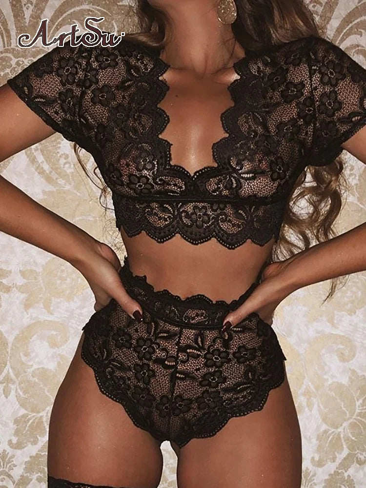 culotte sexy ArtSu  2 Pieces Lace Bra And Panty Set Women Sexy Crop Top Bodycon Intimates Lingerie Set Lace Brief Set Night Wear