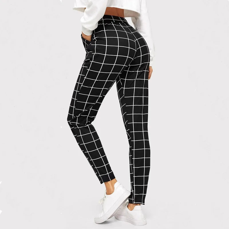 Fall Winter Plaid Black Pants for Women Fashion Elastic Waist Pockets Printed Loose Casual Pencil Pant Ol Ladies Trousers XXL